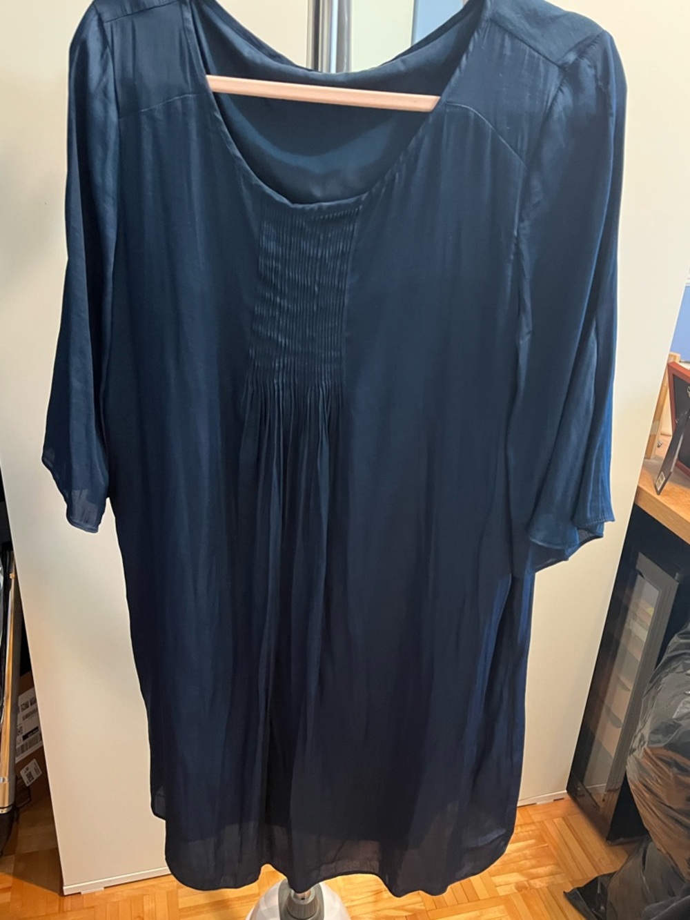 Women's Navy Blue Pleated Scoop Neck Tunic Dress